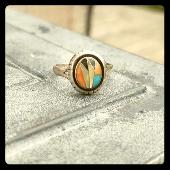 Vintage Jewelry - Vintage onyx coral MOP turquoise silver ring